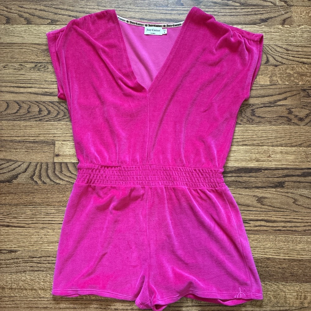 Vintage Terry Cloth Juicy Couture Romper Hot Pink Y2K Size Medium V Neck Shorts